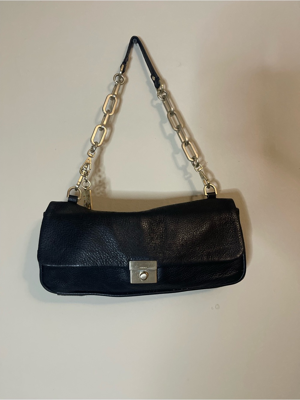 DKNY Black Leather Shoulder Bag with Gold Chain Strap